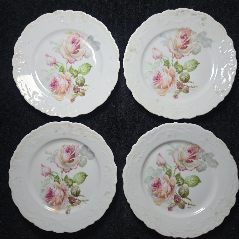 Antique Altenburg China Germany Rose Plates Set of 4 Scalloped Dessert 1915...